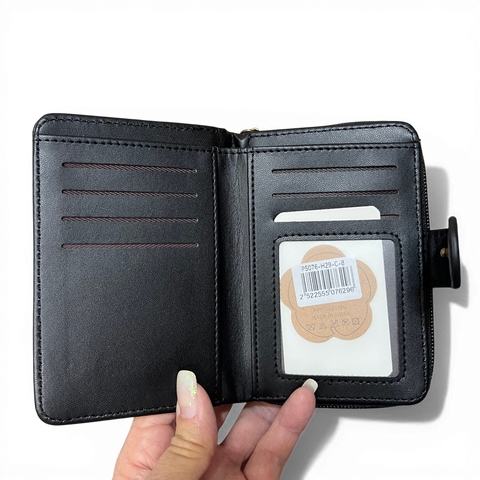 Cotton Road Wallet: Small BLACK Patterned PU Leather with CLIP