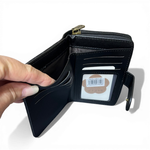 Cotton Road Wallet: Small BLACK Patterned PU Leather with CLIP