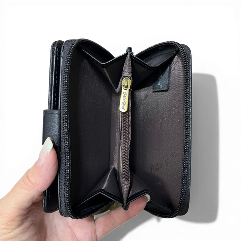 Cotton Road Wallet: Small BLACK Patterned PU Leather with CLIP