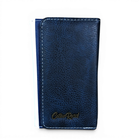 Cotton Road navy blue and white striped sling bag with matching tri-fold wallet and tan accents