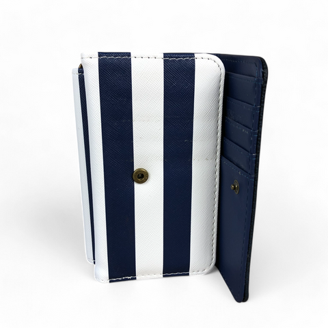 Cotton Road Wallet: Small BLUE AND WHITE Striped Tri-fold