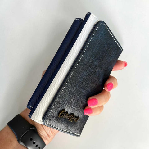 Cotton Road Wallet: Small BLUE AND WHITE Striped Tri-fold