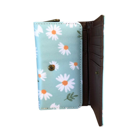 Cotton Road Wallet: Small BLUE PVC Tri-fold Wallet with DAISIES