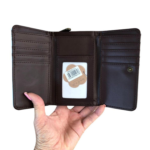 Cotton Road Wallet: Small BLUE PVC Tri-fold Wallet with DAISIES