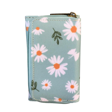 Cotton Road Wallet: Small BLUE PVC Tri-fold Wallet with DAISIES