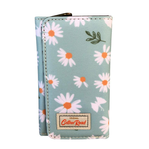 Cotton Road Wallet: Small BLUE PVC Tri-fold Wallet with DAISIES
