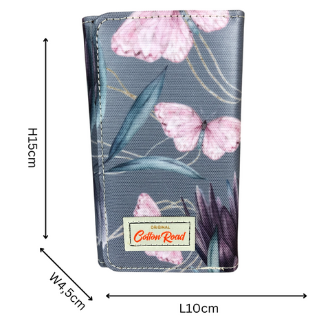 Cotton Road Wallet: Small BLUE Tri-fold PVC Wallet with PROTEAS and BUTTERFLIES