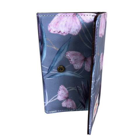 Cotton Road Wallet: Small BLUE Tri-fold PVC Wallet with PROTEAS and BUTTERFLIES