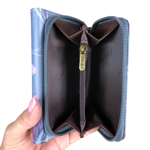 Cotton Road Wallet: Small BLUE Tri-fold PVC Wallet with PROTEAS and BUTTERFLIES