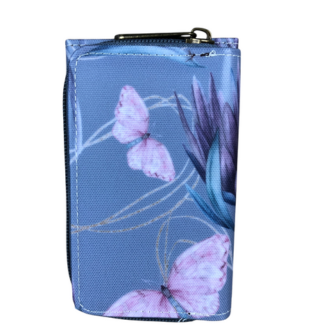 Cotton Road Wallet: Small BLUE Tri-fold PVC Wallet with PROTEAS and BUTTERFLIES