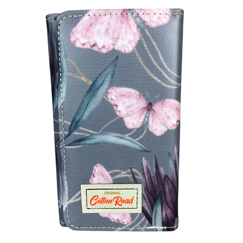 Cotton Road Wallet: Small BLUE Tri-fold PVC Wallet with PROTEAS and BUTTERFLIES