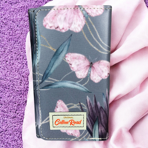 Cotton Road Wallet: Small BLUE Tri-fold PVC Wallet with PROTEAS and BUTTERFLIES