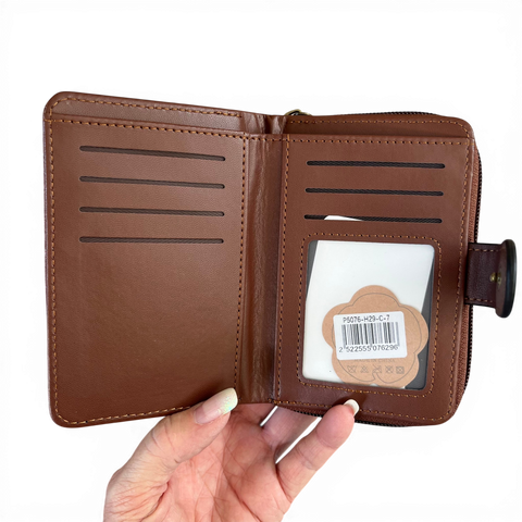 Cotton Road Wallet: Small BROWN Patterned PU Leather with CLIP