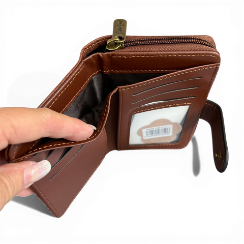 Cotton Road Wallet: Small BROWN Patterned PU Leather with CLIP