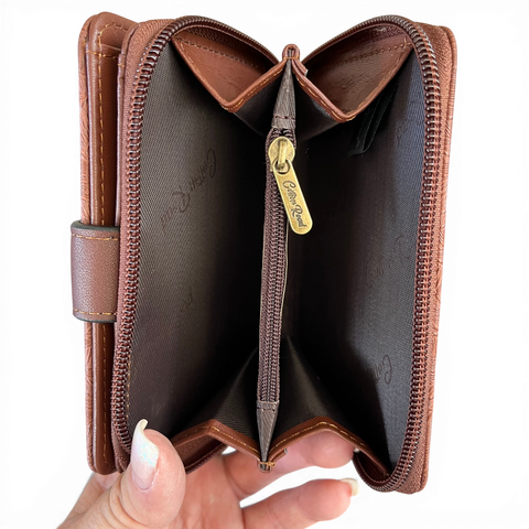 Cotton Road Wallet: Small BROWN Patterned PU Leather with CLIP
