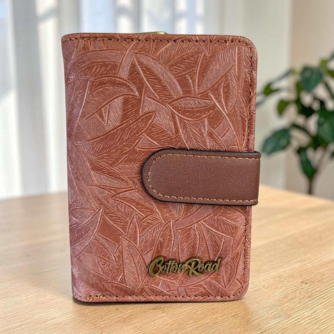 Cotton Road Wallet: Small BROWN Patterned PU Leather with CLIP