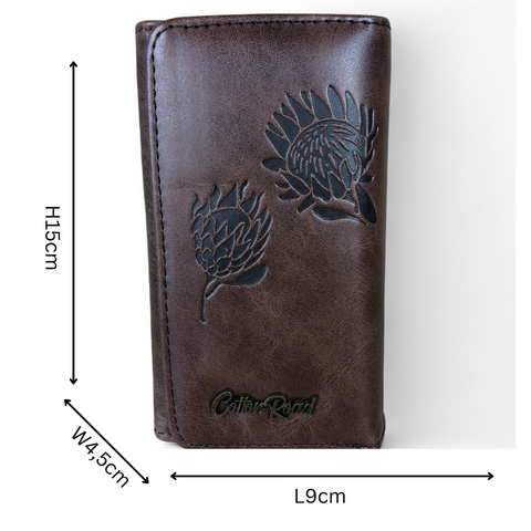 Cotton Road Wallet: Small BROWN Tri-fold PU Leather Wallet with PROTEA Print