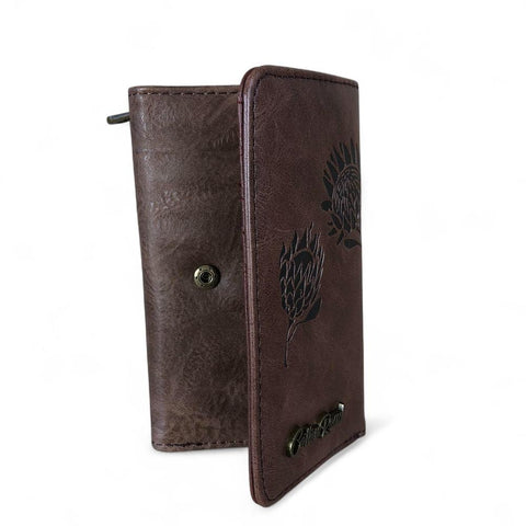 Cotton Road Wallet: Small BROWN Tri-fold PU Leather Wallet with PROTEA Print