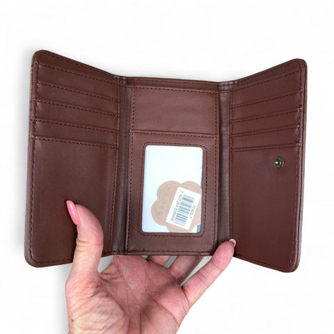 Cotton Road Wallet: Small BROWN Tri-fold PU Leather Wallet with PROTEA Print