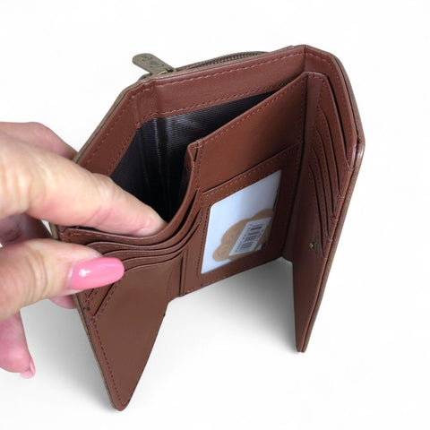 Cotton Road Wallet: Small BROWN Tri-fold PU Leather Wallet with PROTEA Print