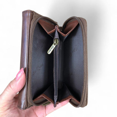 Cotton Road Wallet: Small BROWN Tri-fold PU Leather Wallet with PROTEA Print
