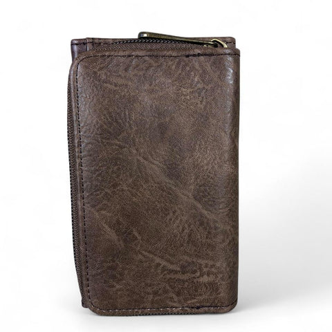 Cotton Road Wallet: Small BROWN Tri-fold PU Leather Wallet with PROTEA Print