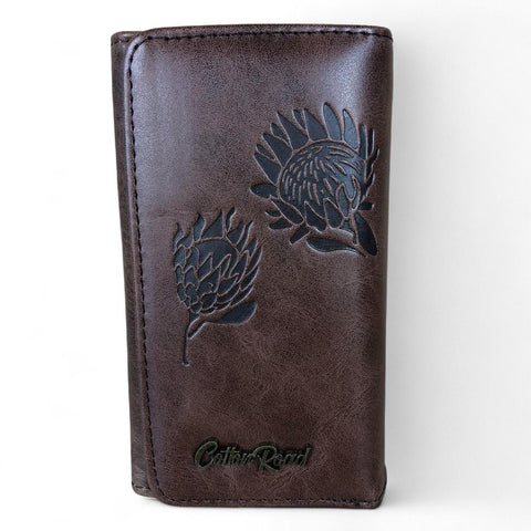 Cotton Road Wallet: Small BROWN Tri-fold PU Leather Wallet with PROTEA Print