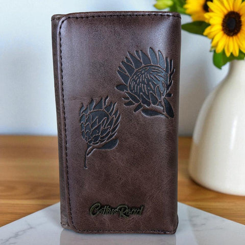 Cotton Road Wallet: Small BROWN Tri-fold PU Leather Wallet with PROTEA Print