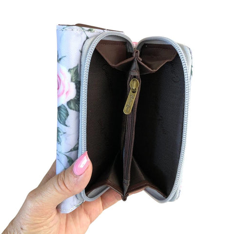 Cotton Road Wallet: Small GREY PVC Tri-fold Wallet with ROSES