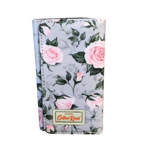 Cotton Road Wallet: Small GREY PVC Tri-fold Wallet with ROSES