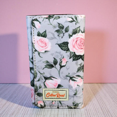 Cotton Road Wallet: Small GREY PVC Tri-fold Wallet with ROSES