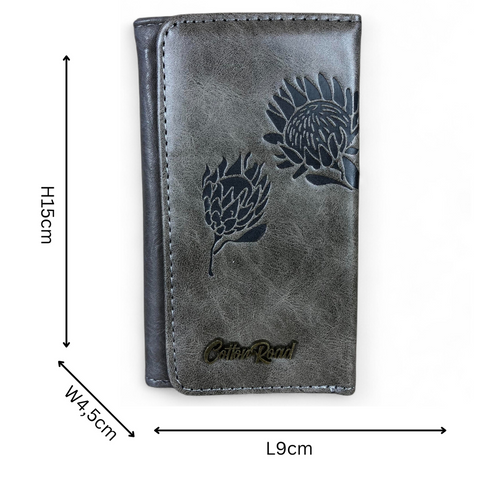 Cotton Road Wallet: Small GREY Tri-fold PU Leather Wallet with PROTEA Print