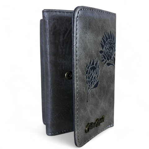 Cotton Road Wallet: Small GREY Tri-fold PU Leather Wallet with PROTEA Print