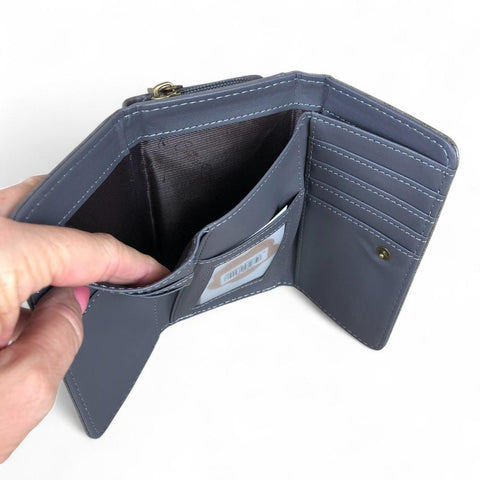 Cotton Road Wallet: Small GREY Tri-fold PU Leather Wallet with PROTEA Print