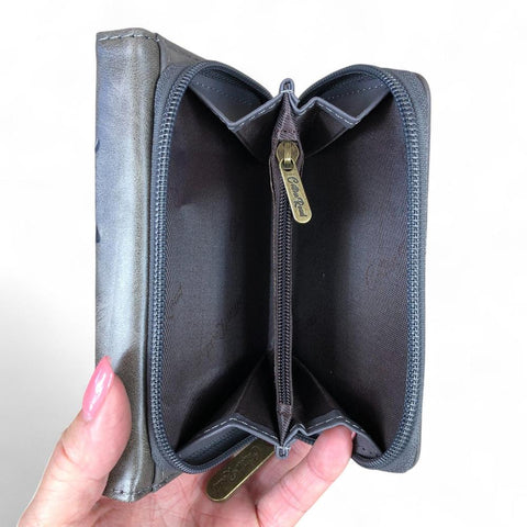 Cotton Road Wallet: Small GREY Tri-fold PU Leather Wallet with PROTEA Print