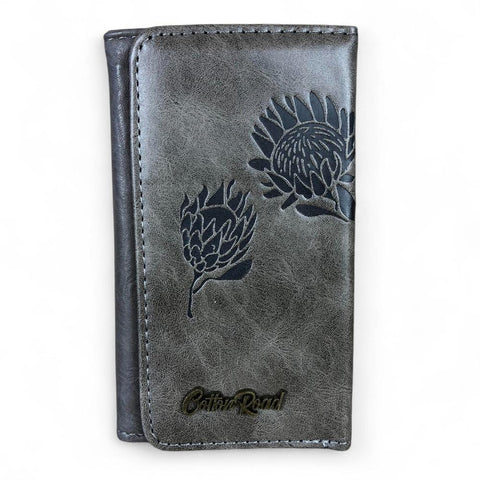 Cotton Road Wallet: Small GREY Tri-fold PU Leather Wallet with PROTEA Print