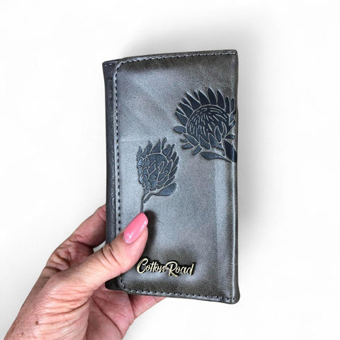 Cotton Road Wallet: Small GREY Tri-fold PU Leather Wallet with PROTEA Print