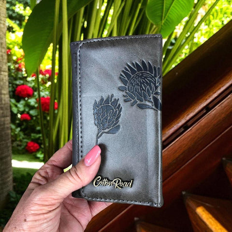 Cotton Road Wallet: Small GREY Tri-fold PU Leather Wallet with PROTEA Print