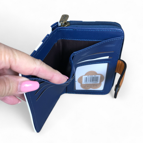 Cotton Road Wallet: Small NAVY/WHITE with TAN Trim and CLIP