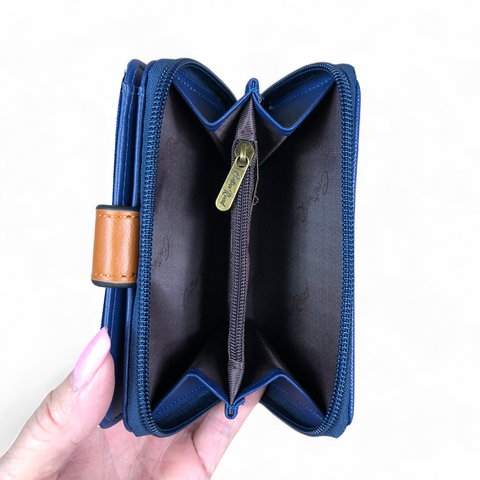 Cotton Road Wallet: Small NAVY/WHITE with TAN Trim and CLIP