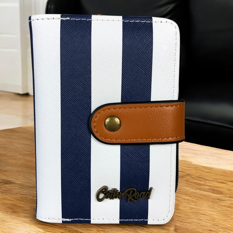 Cotton Road Wallet: Small NAVY/WHITE with TAN Trim and CLIP