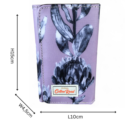 Cotton Road Wallet: Small PURPLE Tri-fold PVC Wallet with PROTEAS