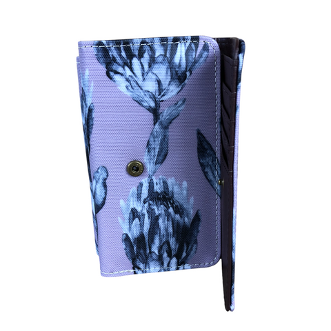 Cotton Road Wallet: Small PURPLE Tri-fold PVC Wallet with PROTEAS