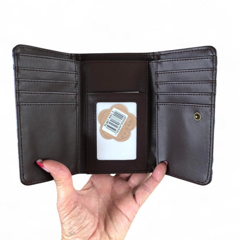 Cotton Road Wallet: Small PURPLE Tri-fold PVC Wallet with PROTEAS