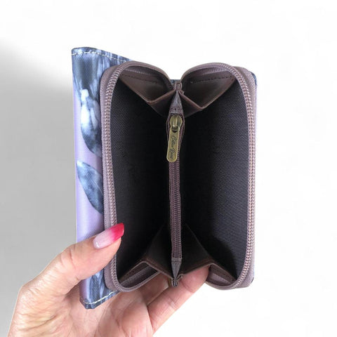 Cotton Road Wallet: Small PURPLE Tri-fold PVC Wallet with PROTEAS
