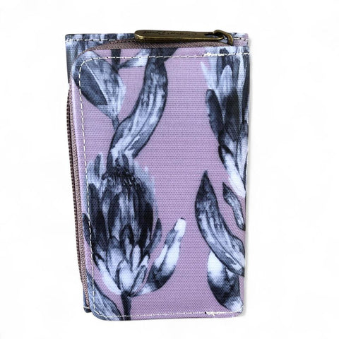 Cotton Road Wallet: Small PURPLE Tri-fold PVC Wallet with PROTEAS