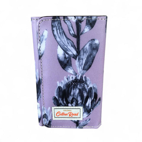 Cotton Road Wallet: Small PURPLE Tri-fold PVC Wallet with PROTEAS