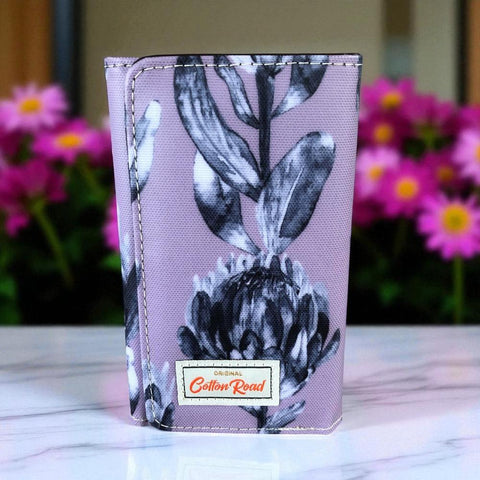 Cotton Road Wallet: Small PURPLE Tri-fold PVC Wallet with PROTEAS