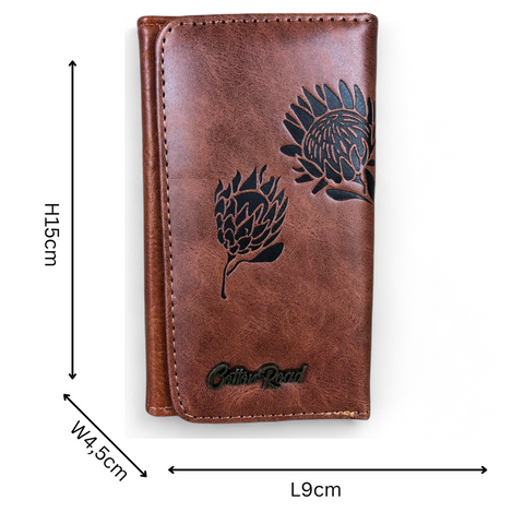 Cotton Road Wallet: Small TAN BROWN Tri-fold PU Leather Wallet with PROTEA Print