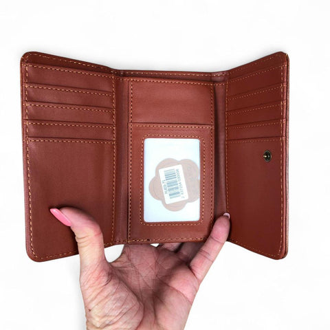 Cotton Road Wallet: Small TAN BROWN Tri-fold PU Leather Wallet with PROTEA Print